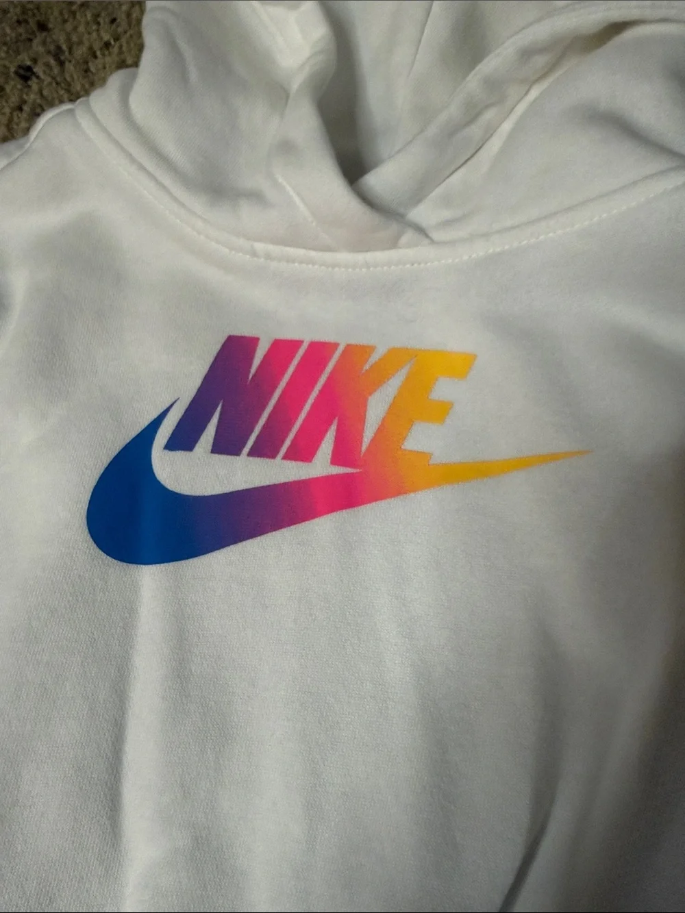 Nike White Cropped Hoodie with Gradient Logo